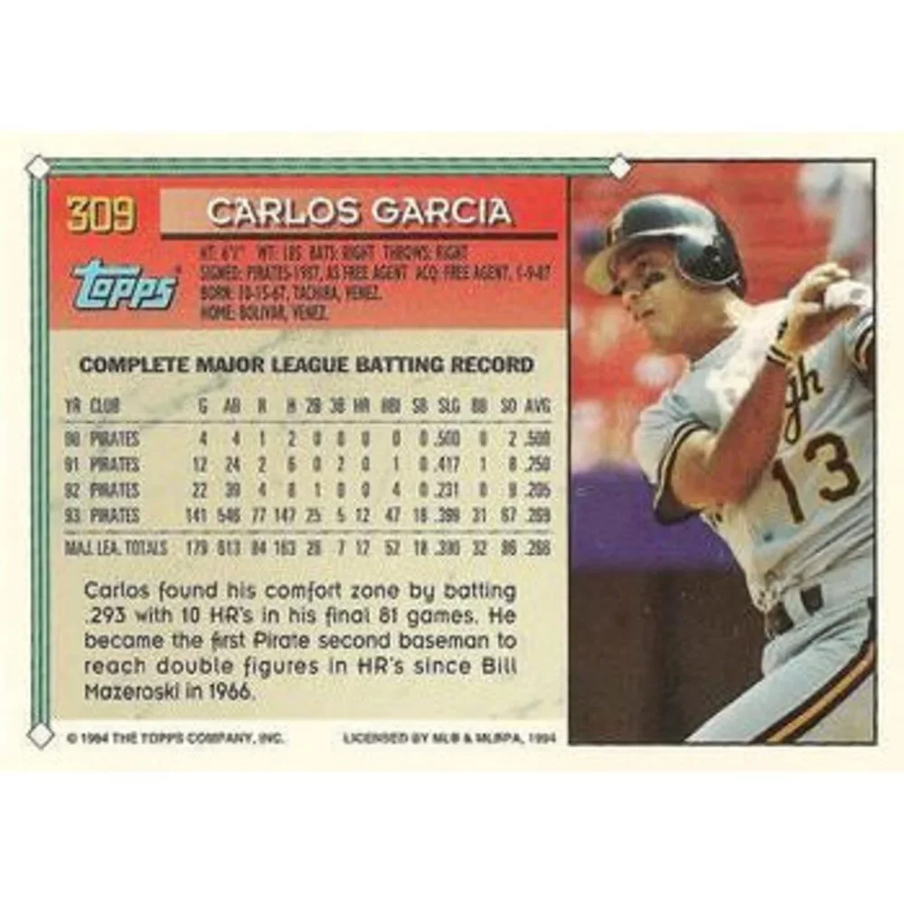 1994 Topps Carlos Garcia ASR # 309 Pittsburgh Pirates